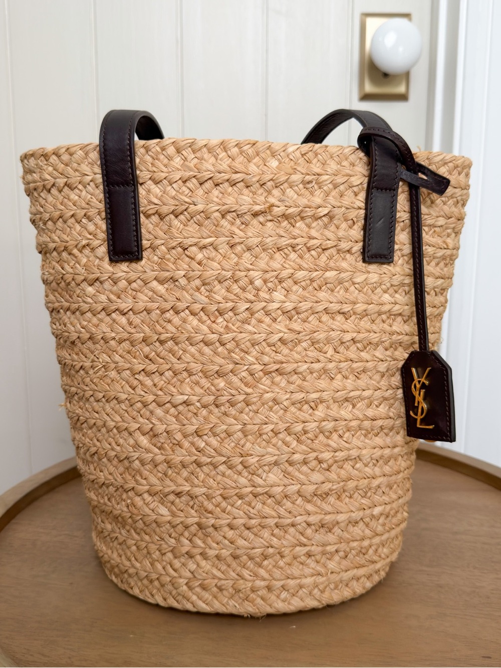 Saint Laurent Signature Panier Brown Leather Trim Raffia Bucket Tote